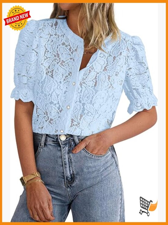 Tops - Spring Lace Blouse Short Puff Sleeve Crew Neck Button Down Casual Dressy Top